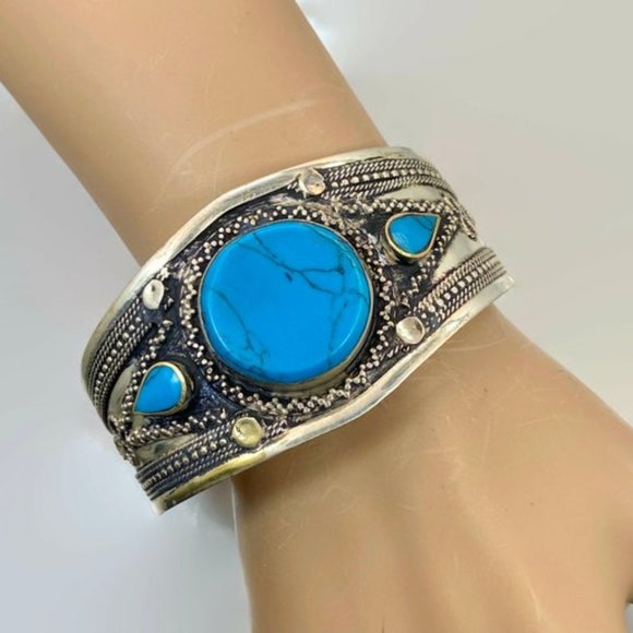 Boho Bracelet, Kuchi Cuff, Afghan, Turquoise, Vintage, Middle Eastern, Silver - Picture 1 of 4